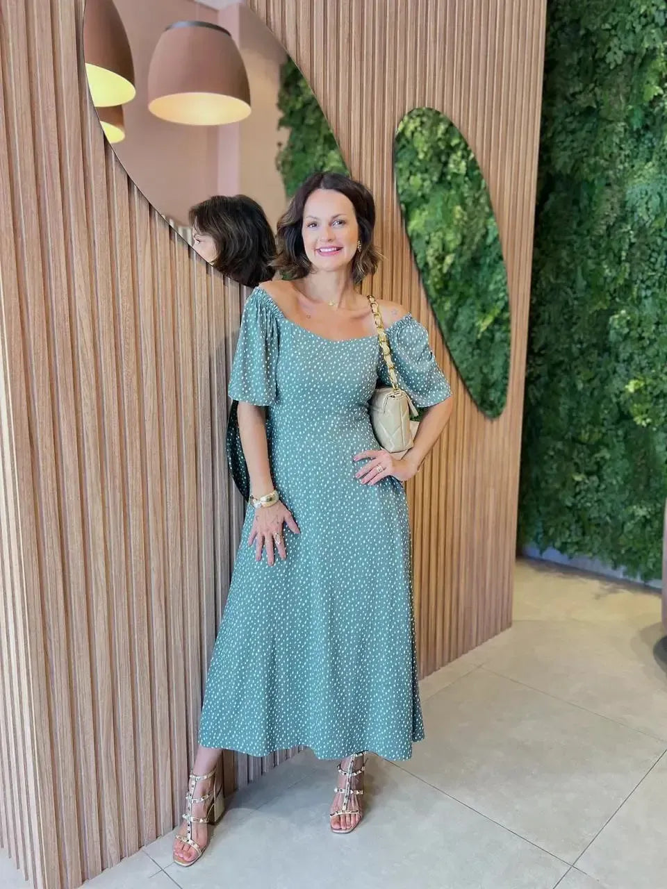 Vestido Midi em Viscolinho de Poa, Verde