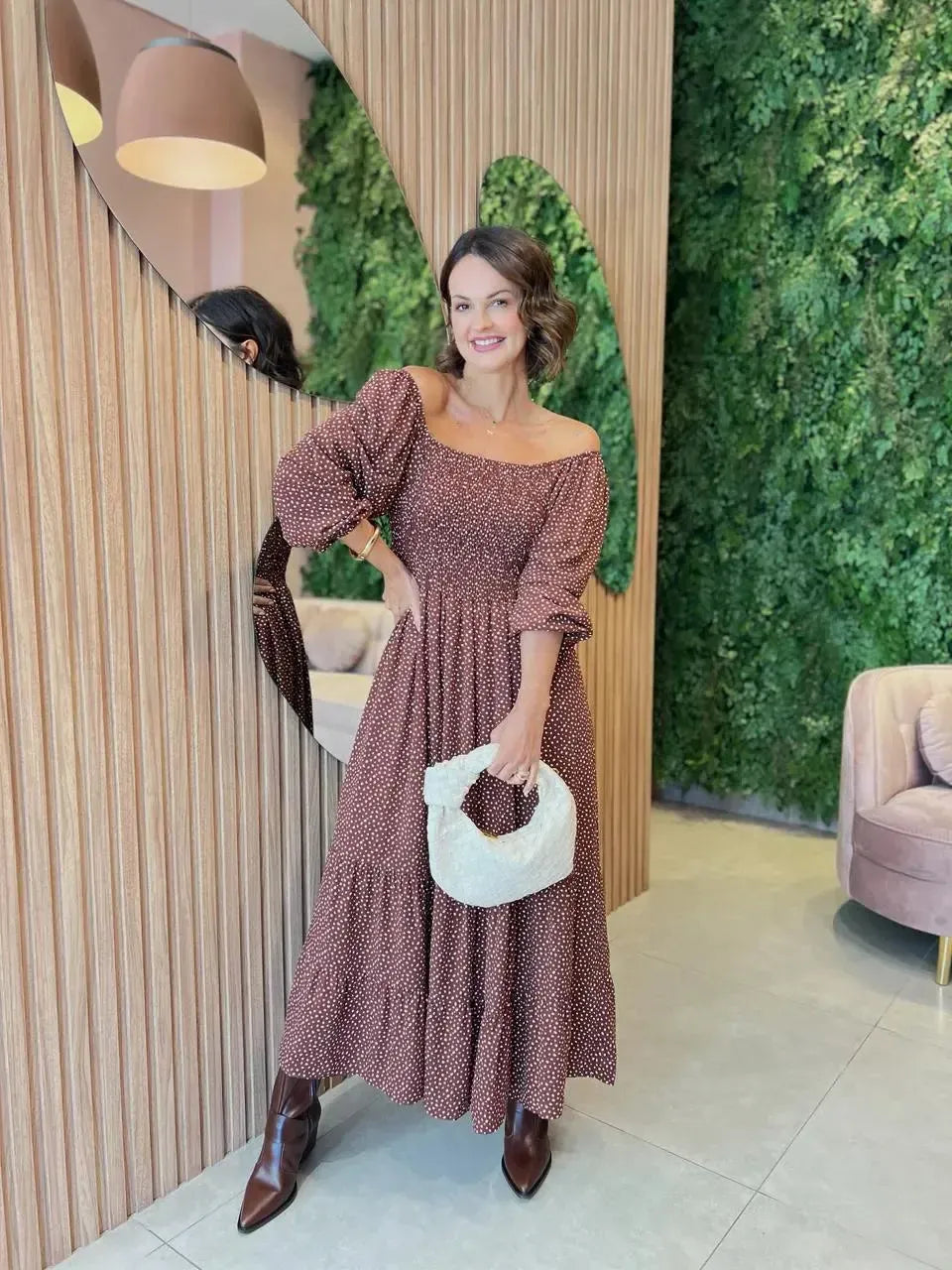 Vestido Poa em Viscolinho Manga Longa, Marrom