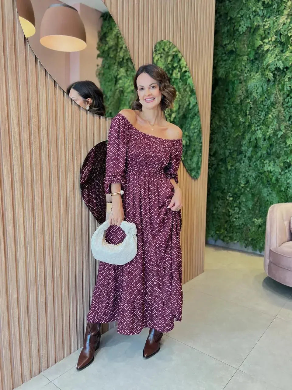 Vestido Poa em Viscolinho Manga Longa, Vinho