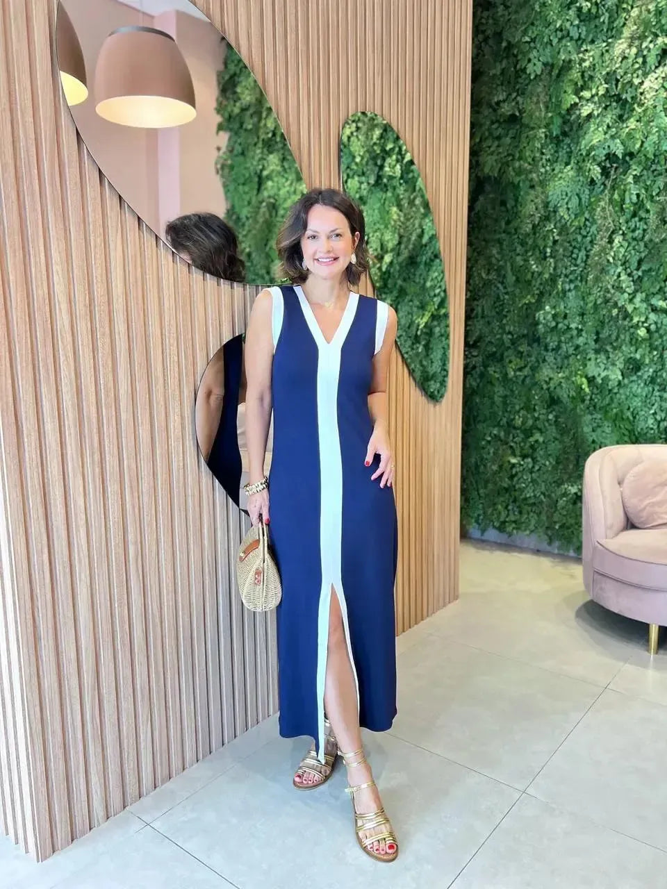 Vestido Regata em Moletinho, Azul Marinho com Off White