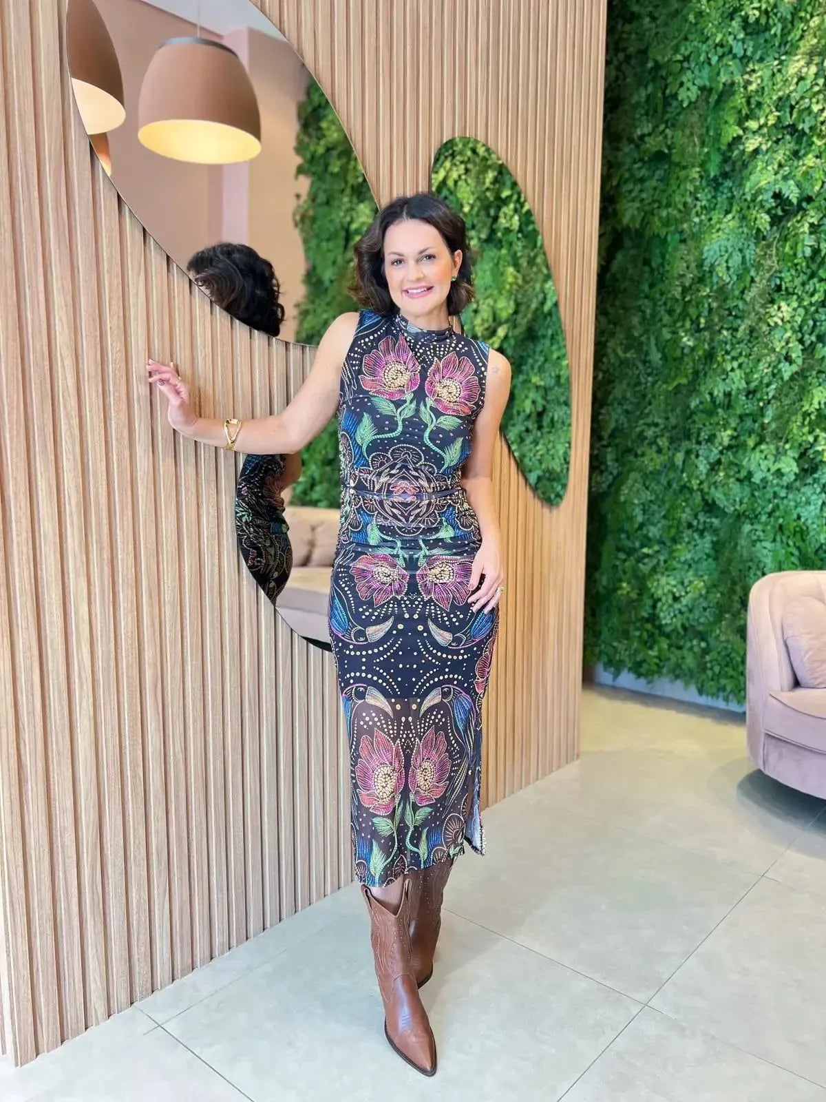 Vestido Tule Franzido Cavado Estampado Floral