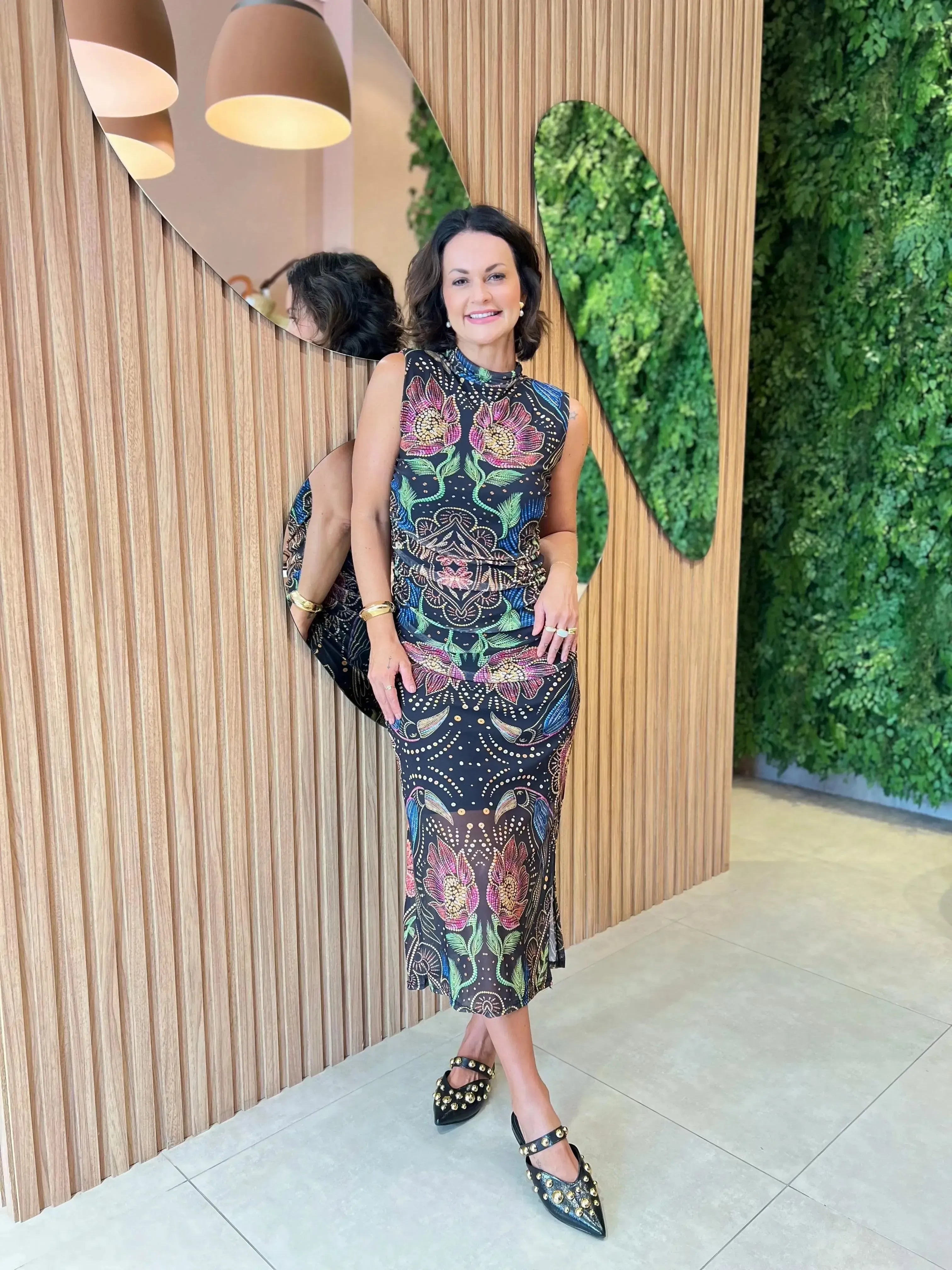 Vestido Tule Franzido Cavado Estampado Floral