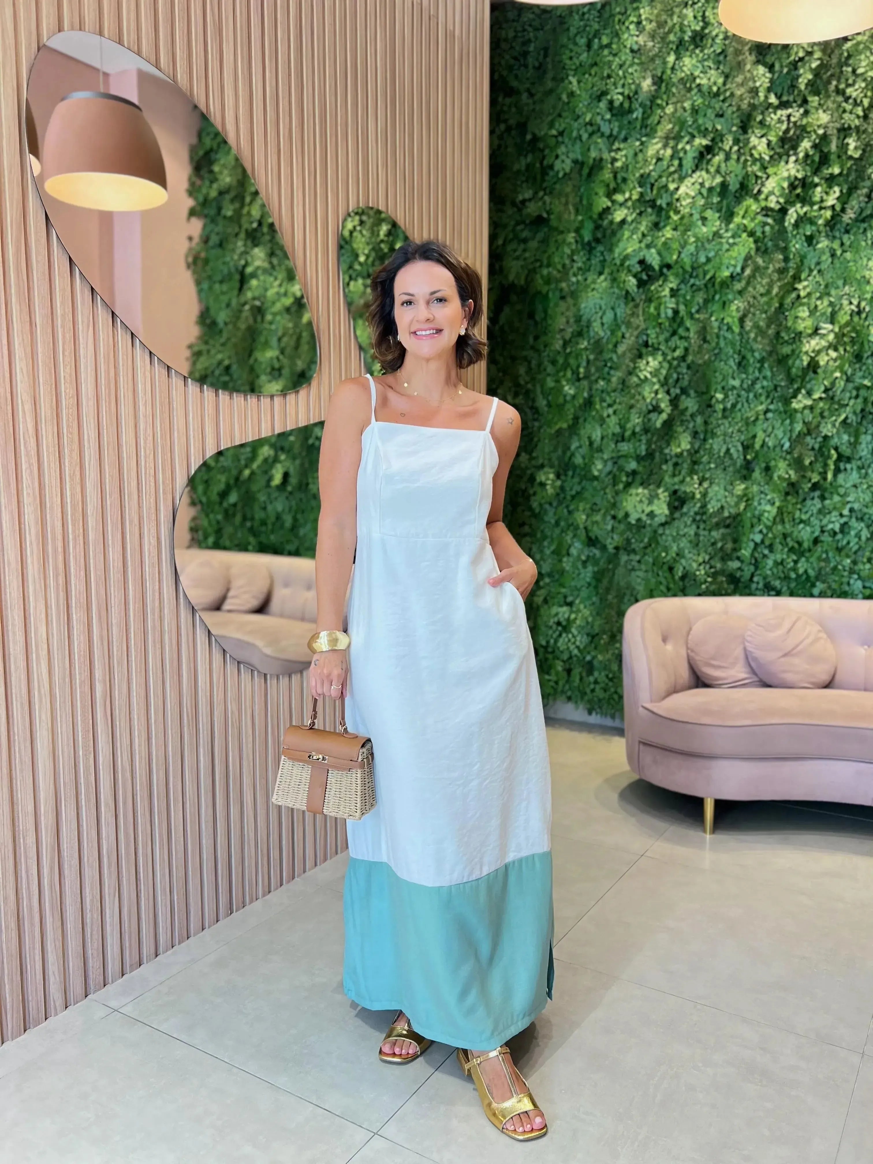 Vestido alcinha bicolor Cru com verde