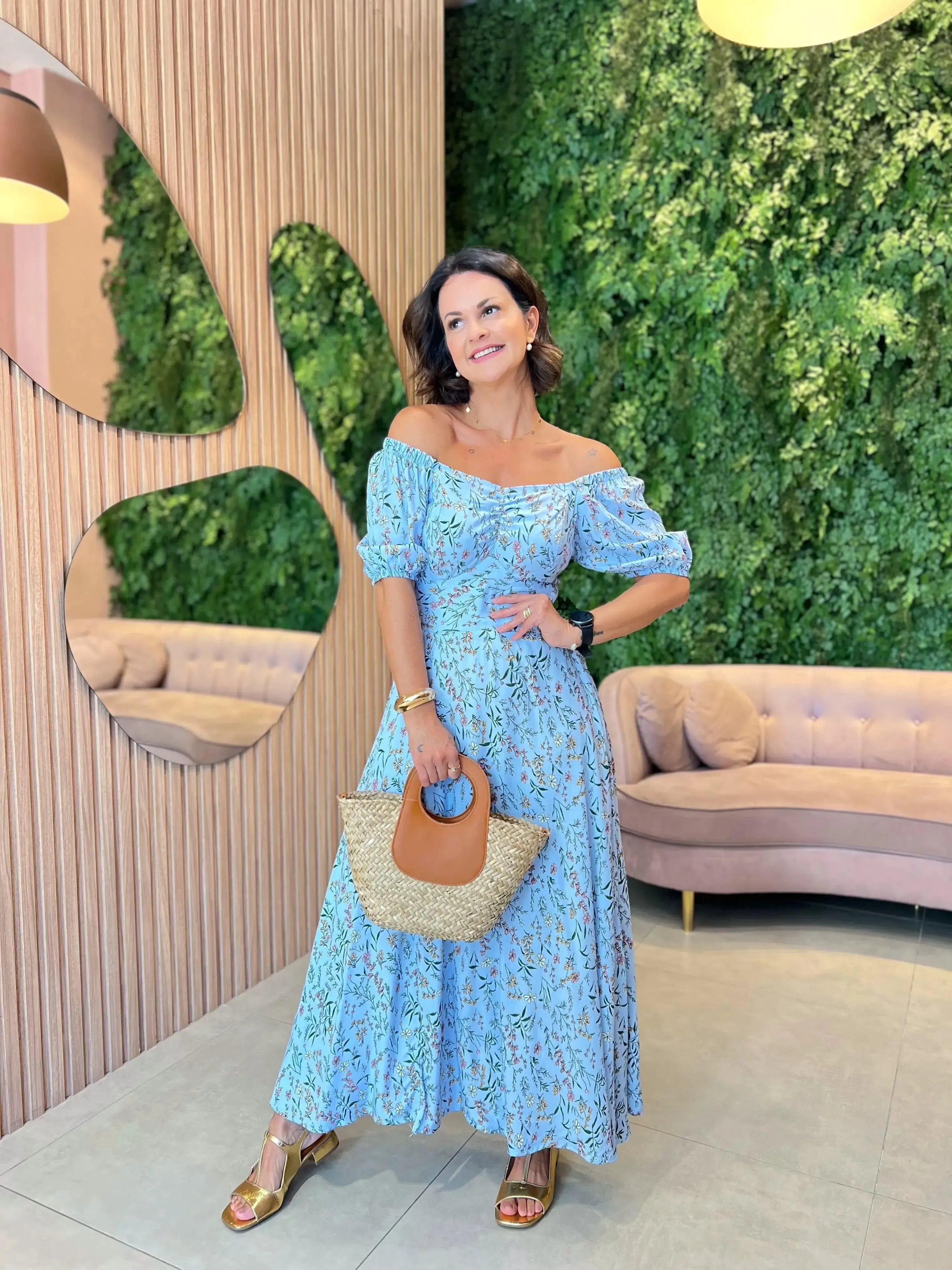 Vestido com Drapeado no Busto, Azul Floral