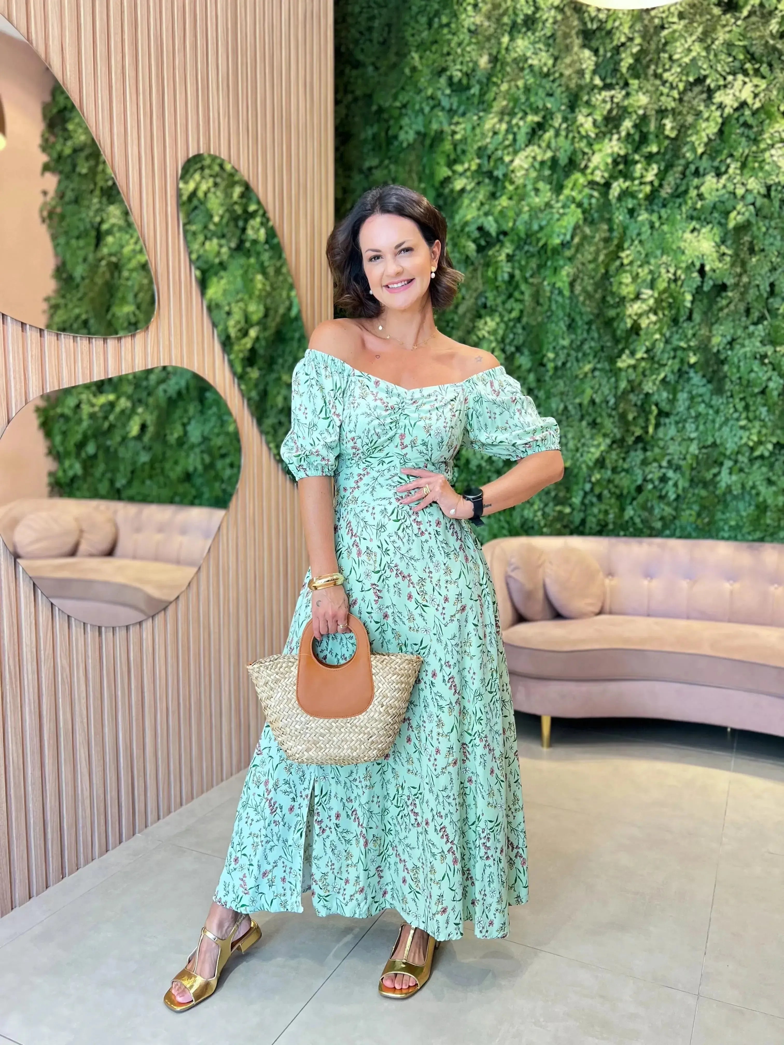 Vestido com Drapeado no Busto, Verde Floral