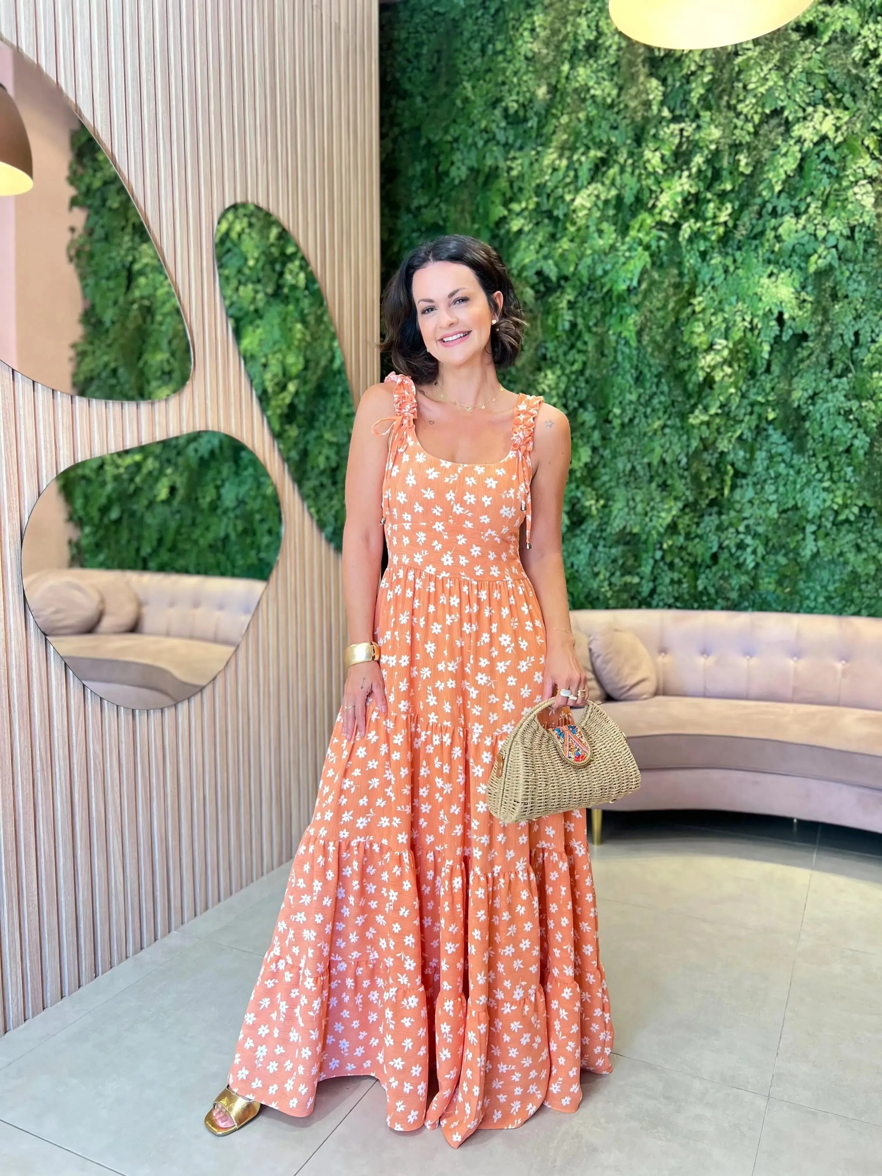 Vestido em Crepe Alcinha, Laranja Floral (Envios e Retiradas 02/09)