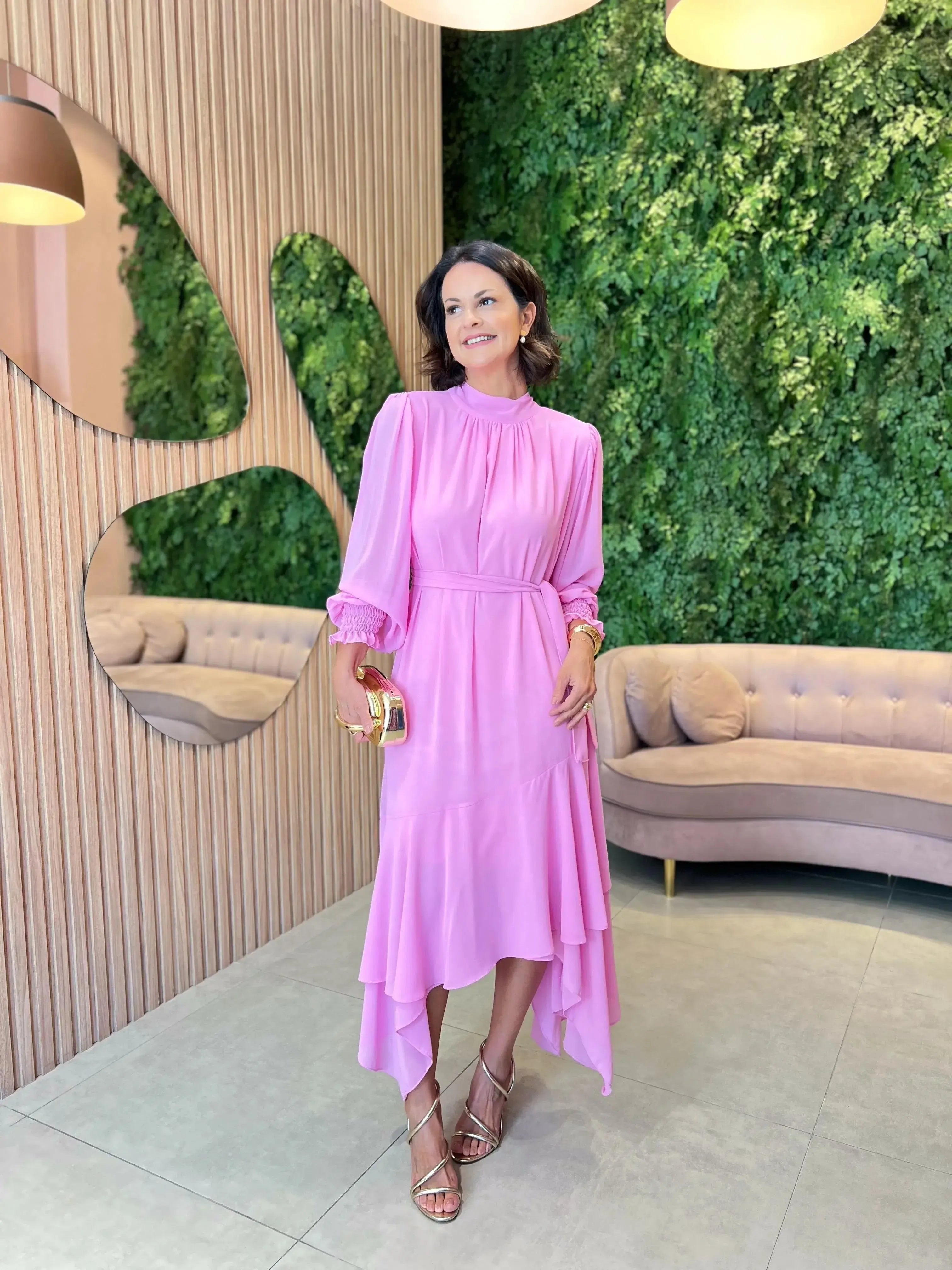 Vestido em Crepe Assimétrico, Rosa Chiclete