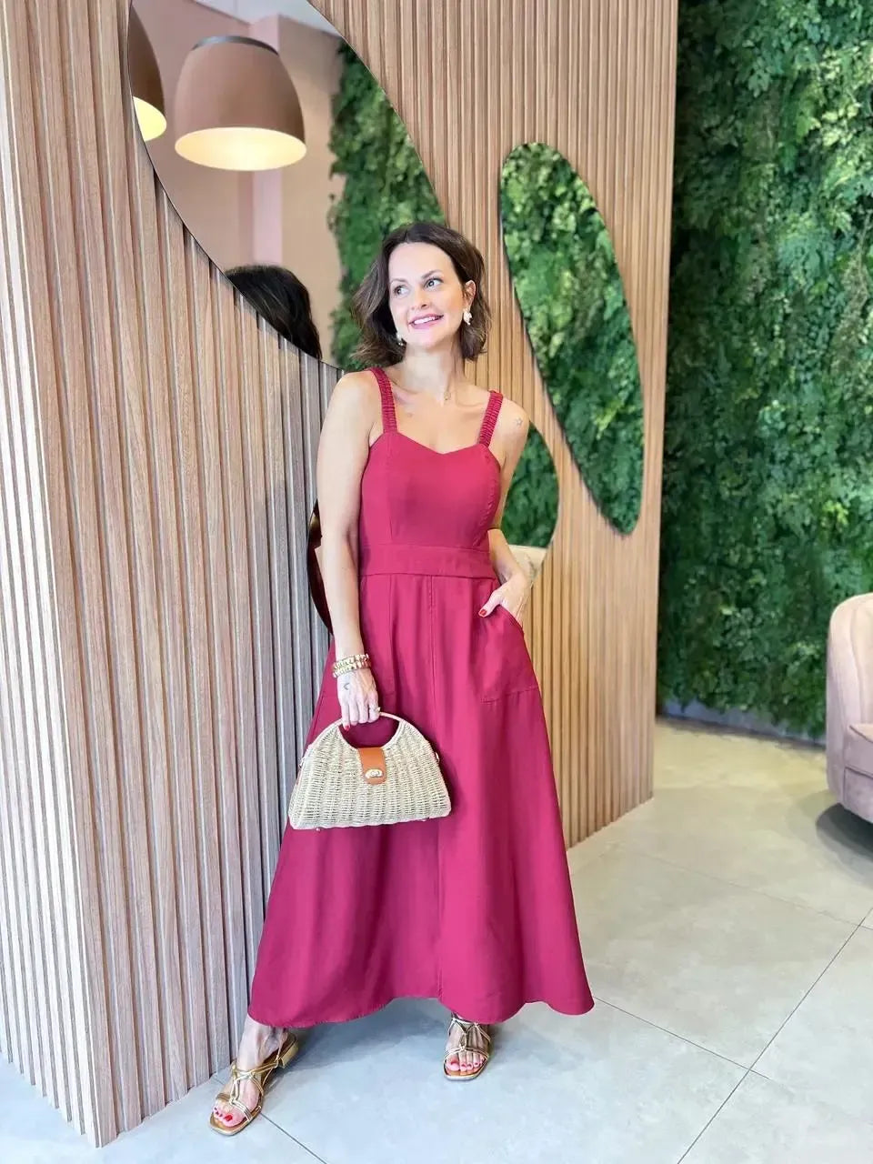Vestido em Liocel com Bolso Alça Franzida, Marsala