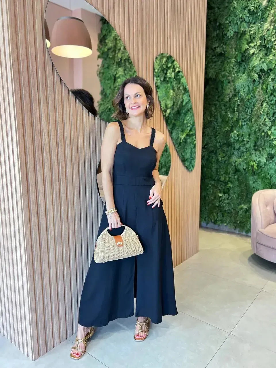 Vestido em Liocel com Bolso Alça Franzida, Preto