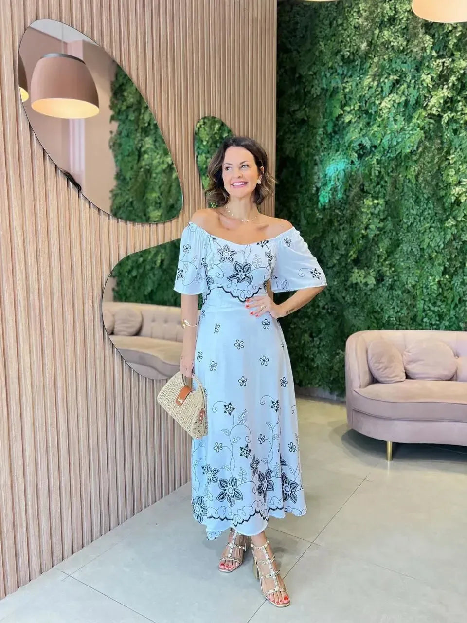 Vestido em viscolinho Midi estampado, Off-white