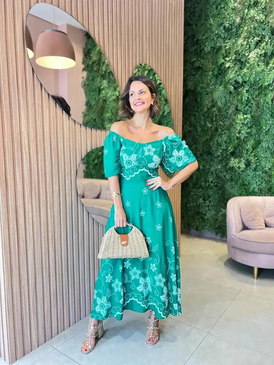 Vestido em viscolinho Midi estampado, Verde
