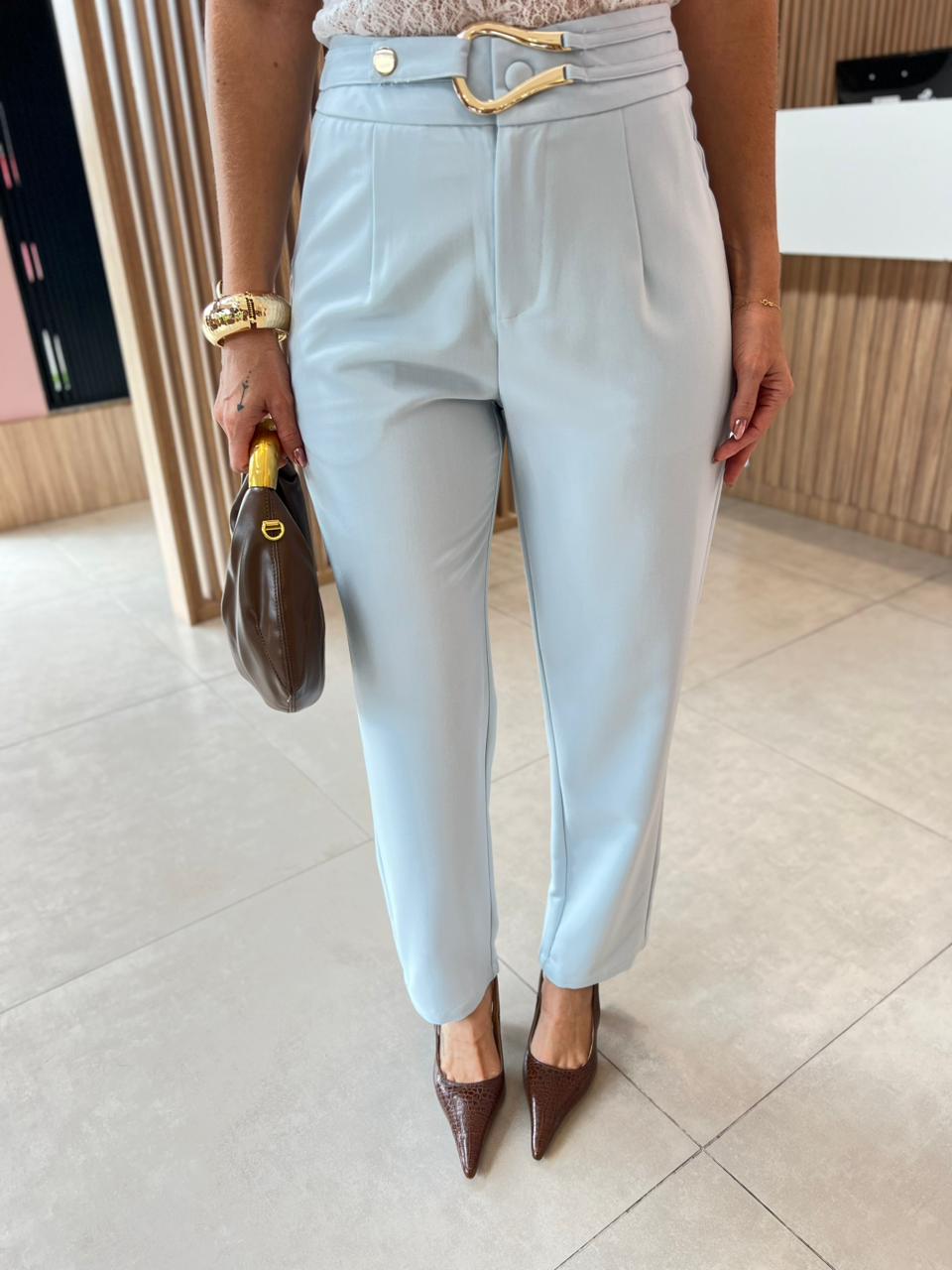 Calça em Alfaiataria com Cinto Fixo, Azul