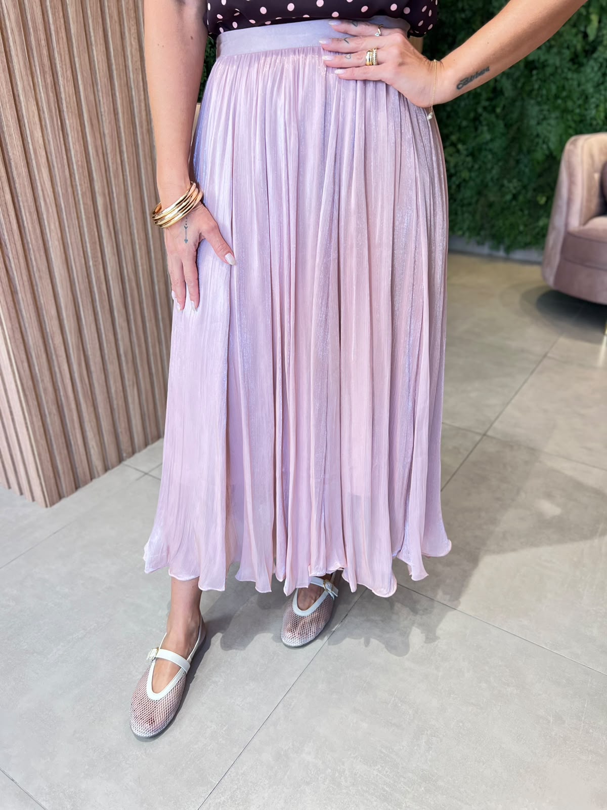 Saia Acetinada Midi, Rosa Perolada