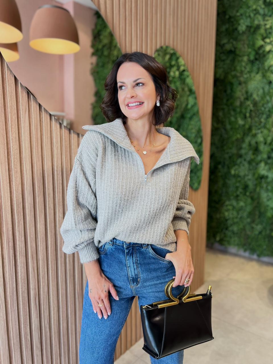 Blusa em Tricô Gola com Ziper, Cinza