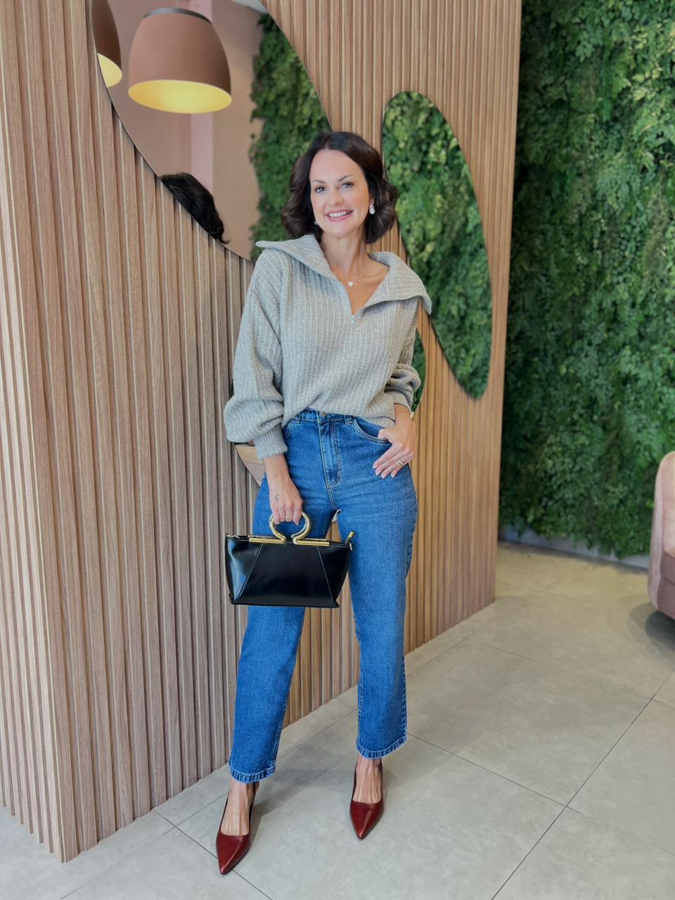 Blusa em Tricô Gola com Ziper, Cinza