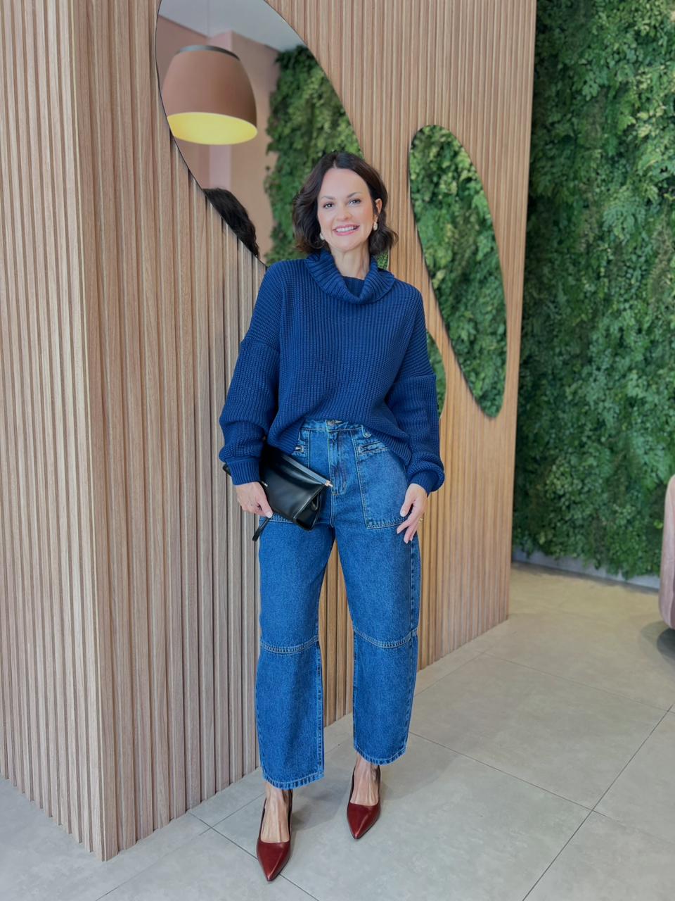 Tricô Oversized com Gola Solta, Azul Marinho
