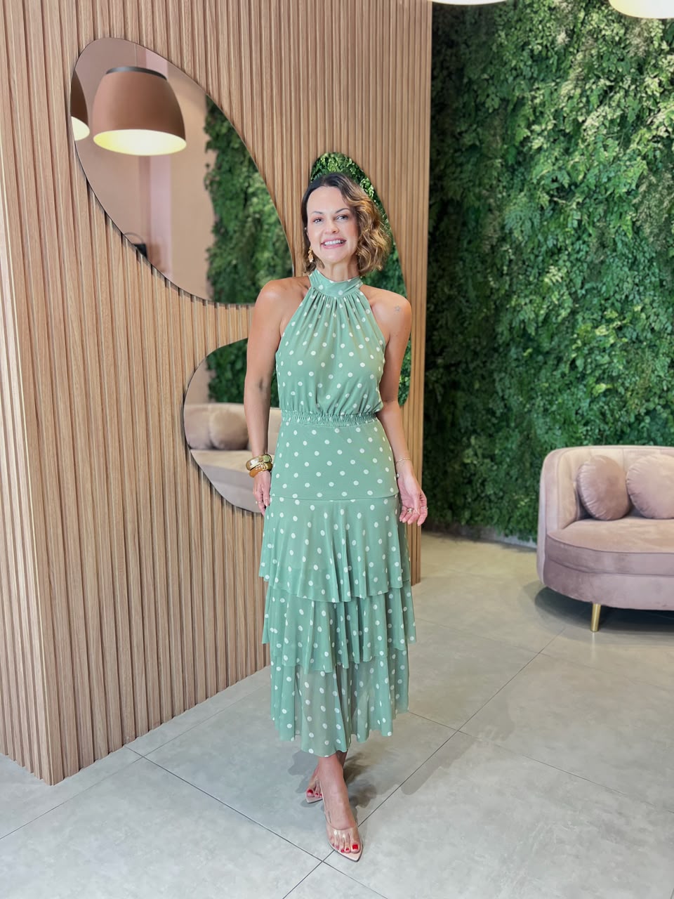 Vestido em Tule com Estampa Poa, Verde com Poa Off White