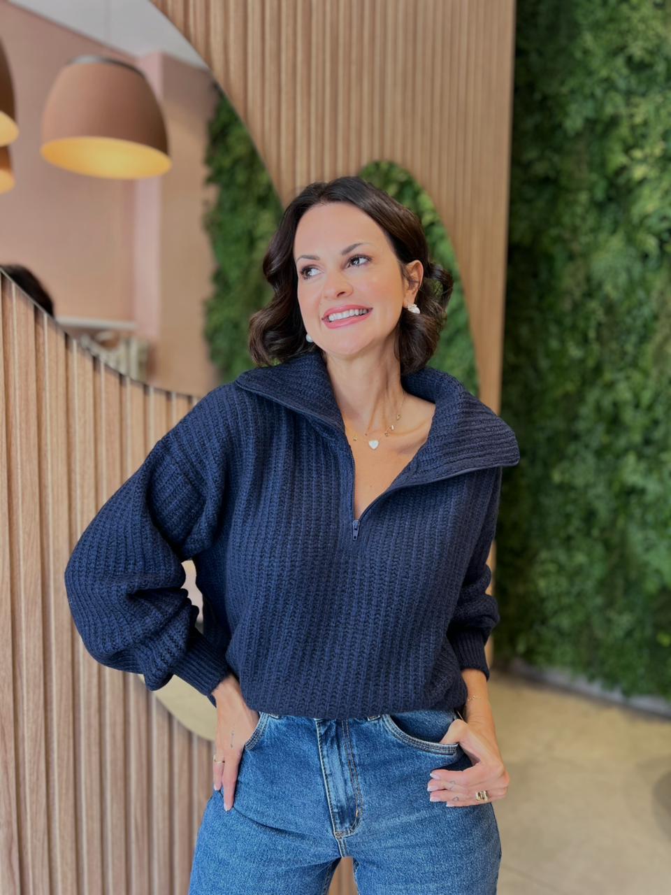 Blusa em Tricô Gola com Ziper, Azul Marinho
