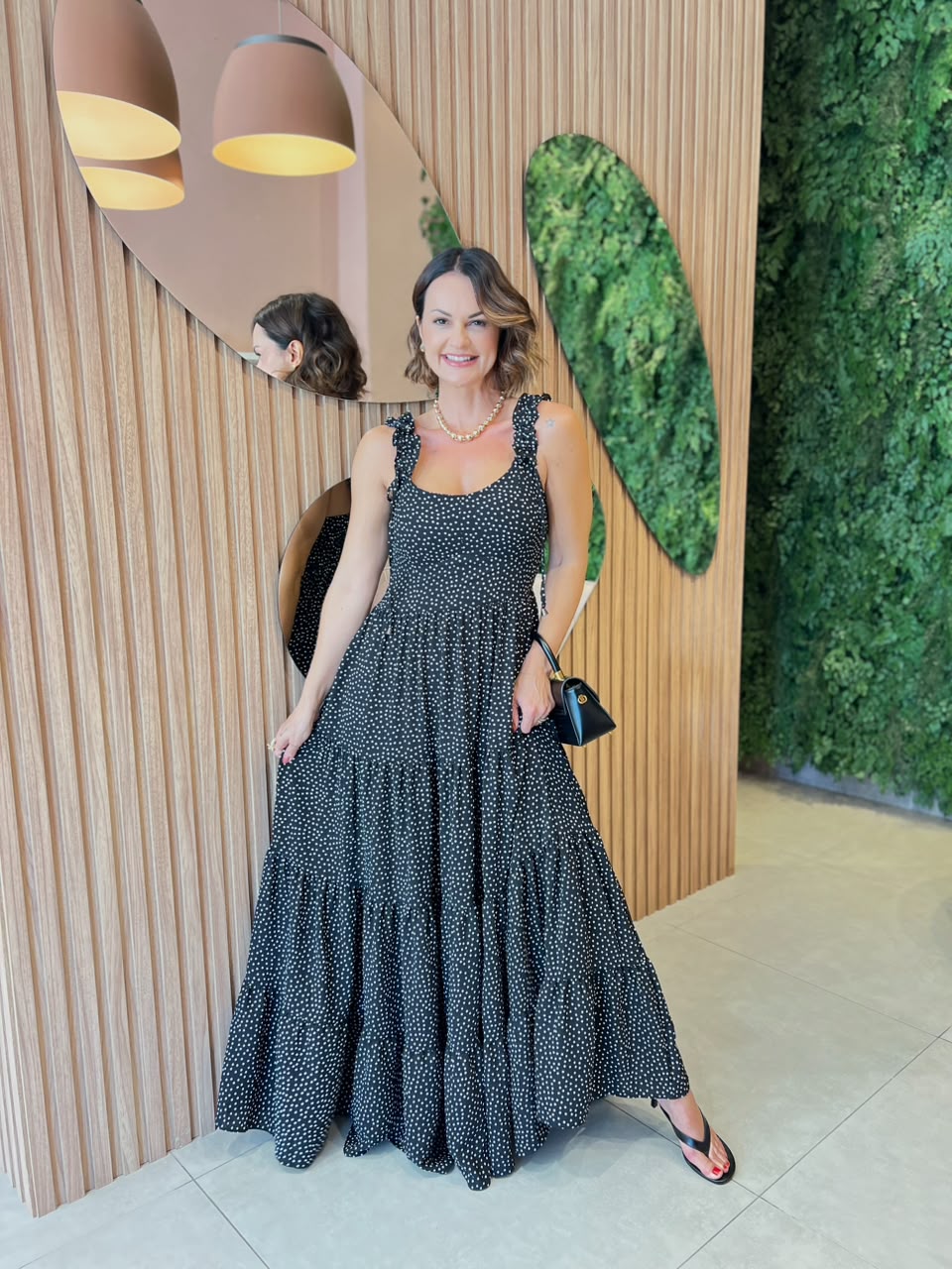Vestido Longo Poa em Crepe com Bojo, Preto