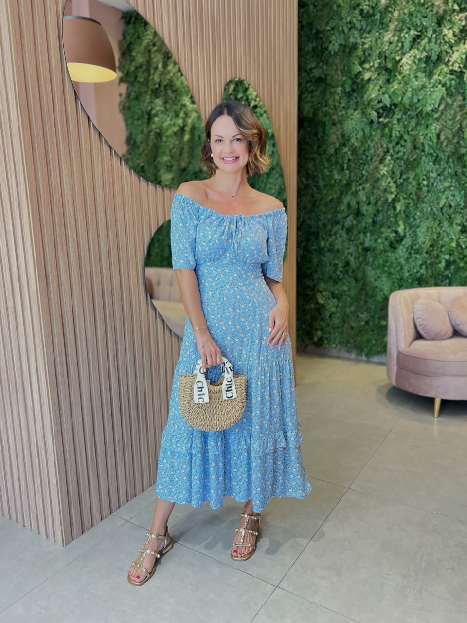 Vestido Midi em Viscolinho Estampa Floral, Azul