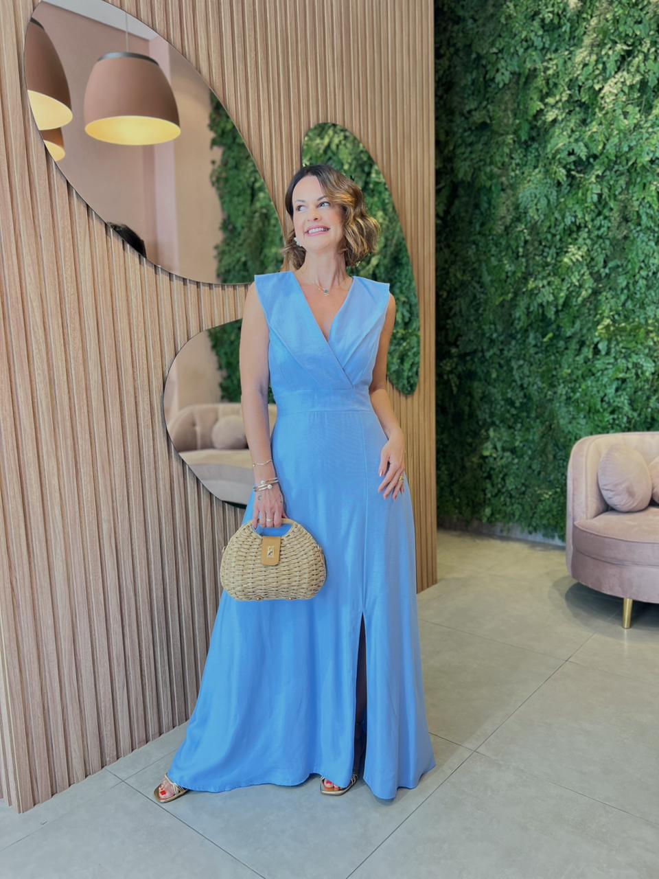 Vestido Longo em Tecido Marrante, Azul