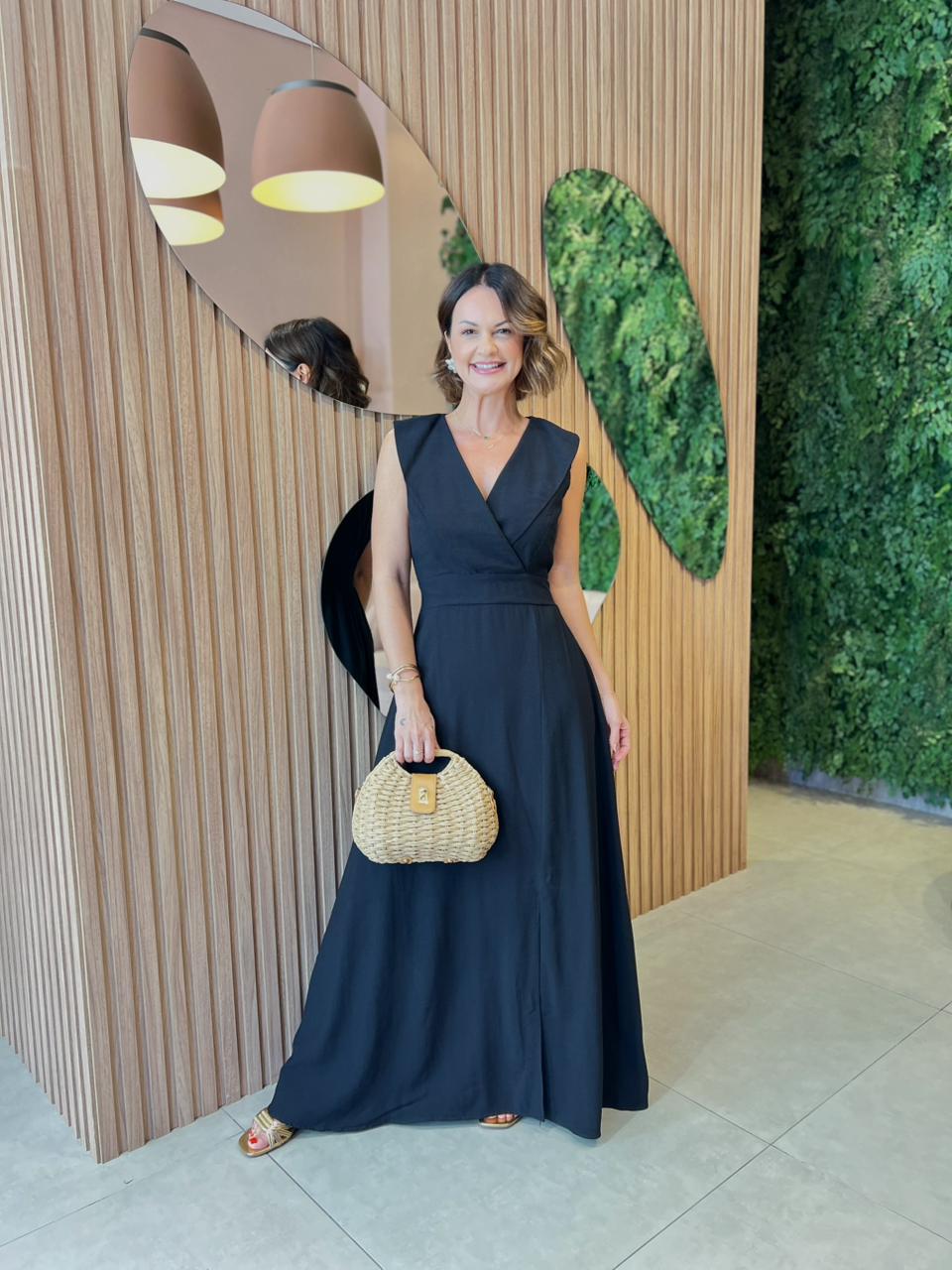 Vestido Longo em Tecido Marrante, Preto