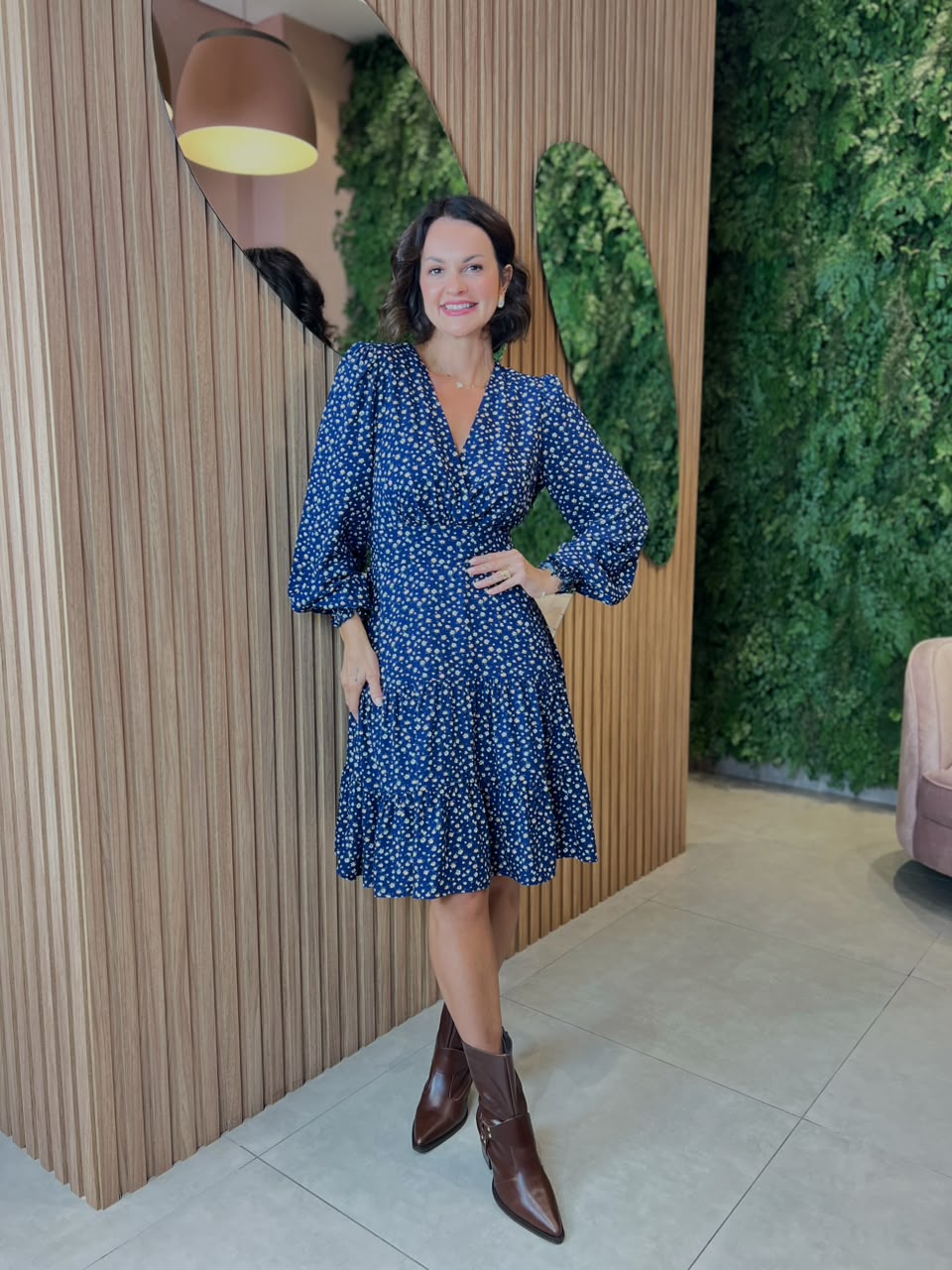 Vestido em Viscolinho Midi, Azul floral