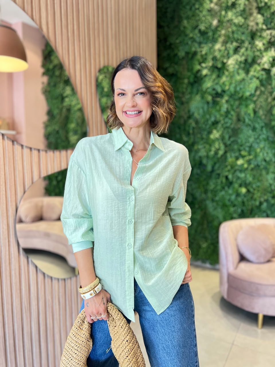 Camisa em Viscose com Poliamida, Verde