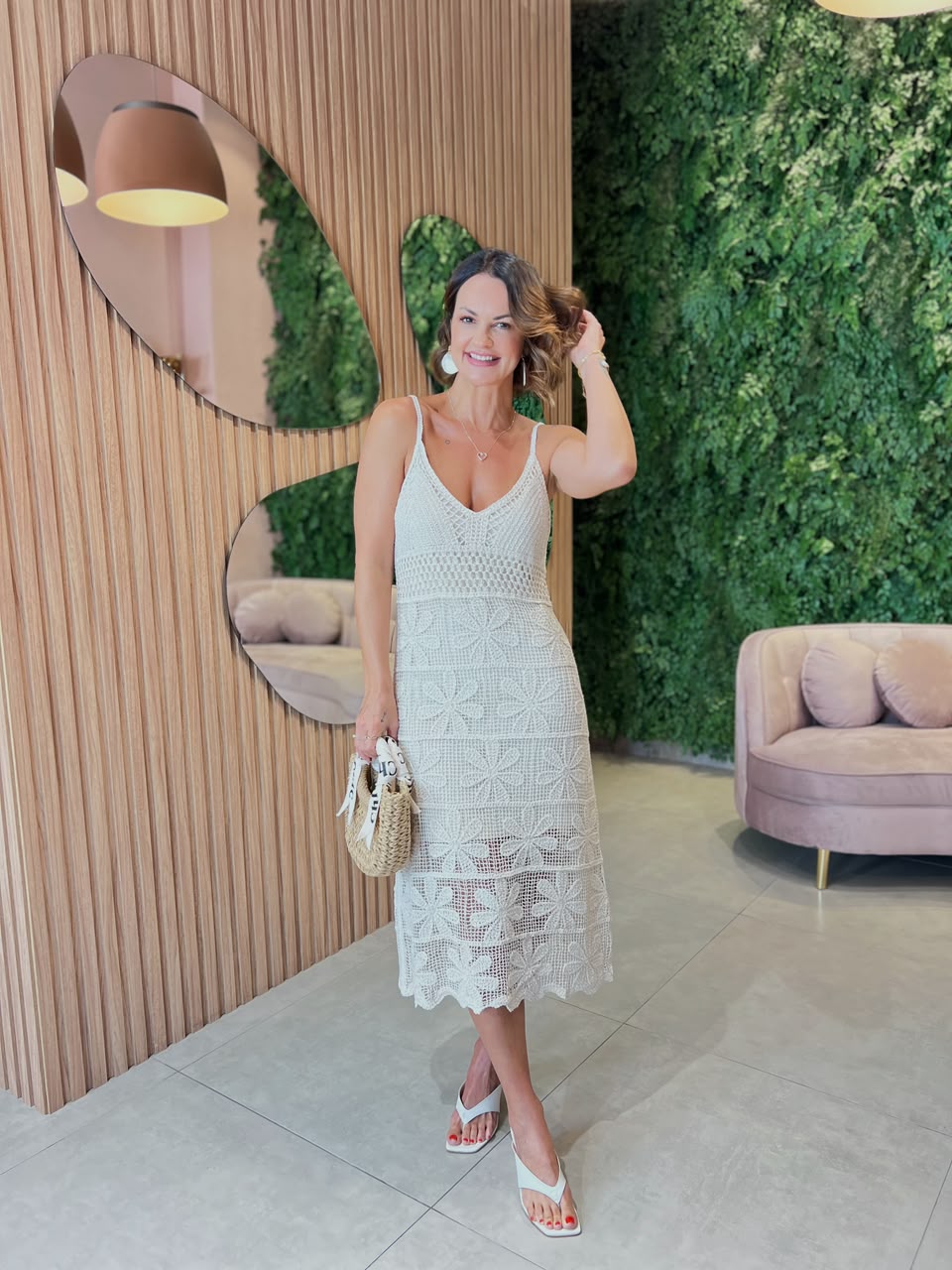 Vestido Midi em Crochê, Cru