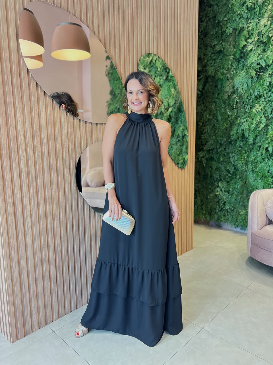Vestido Gola Alta em Chiffon, Preto