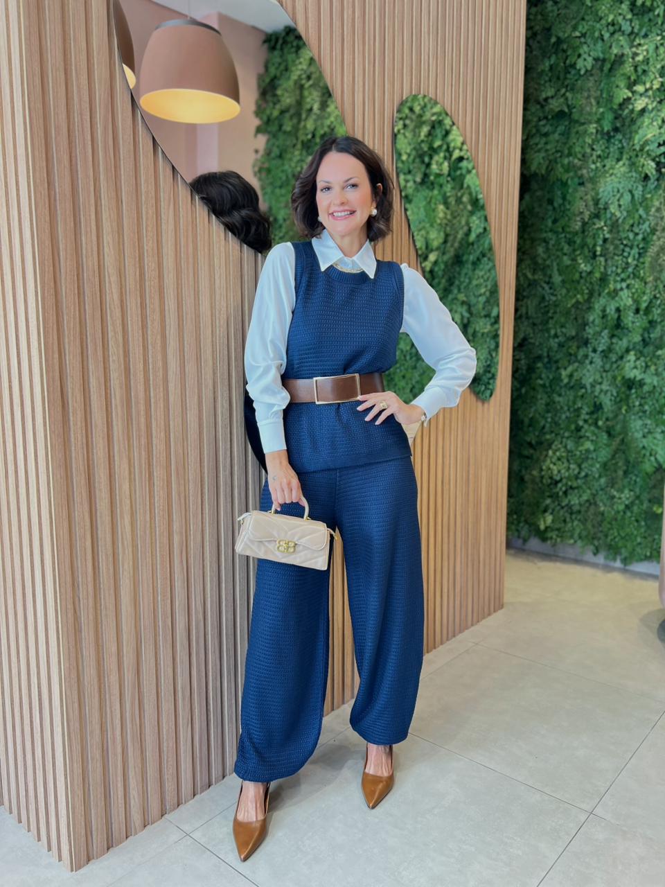 Conjunto Calça Aladim + Regata em Tricô, Azul Marinho