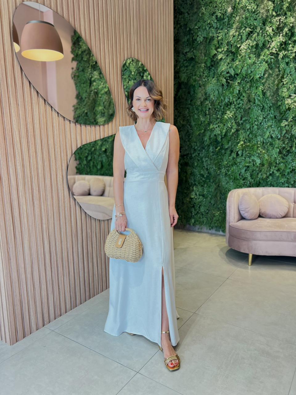Vestido Longo em Tecido Marrante, Cru