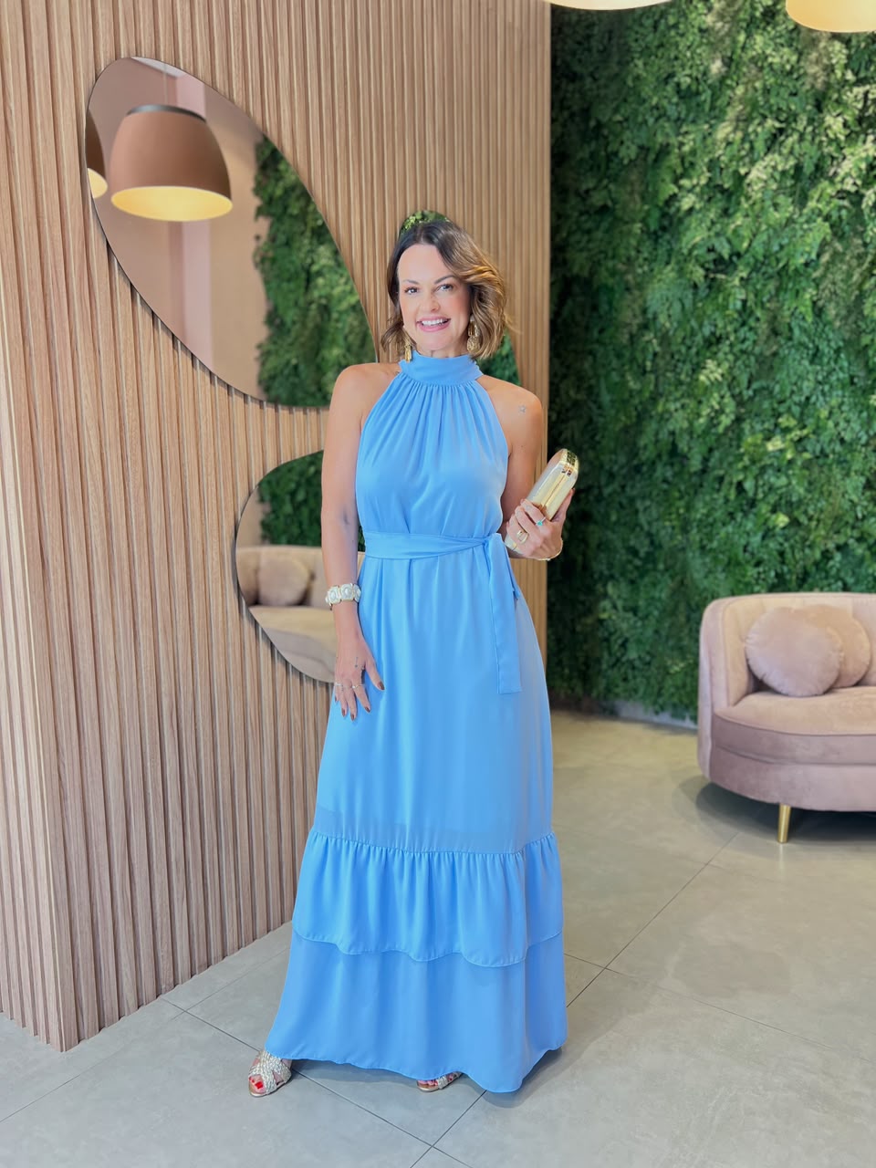 Vestido Gola Alta em Chiffon, Azul