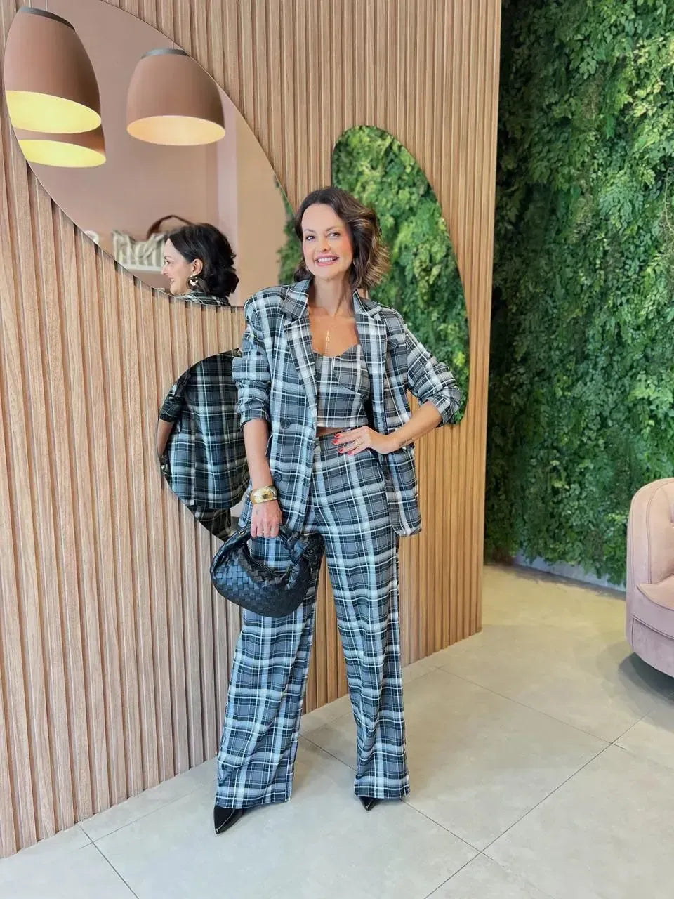 Blazer Oversized, Xadrez Preto com Off White