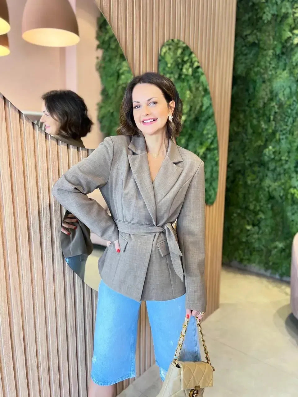 Blazer em Alfaiataria com Faixa, Marrom Mescla