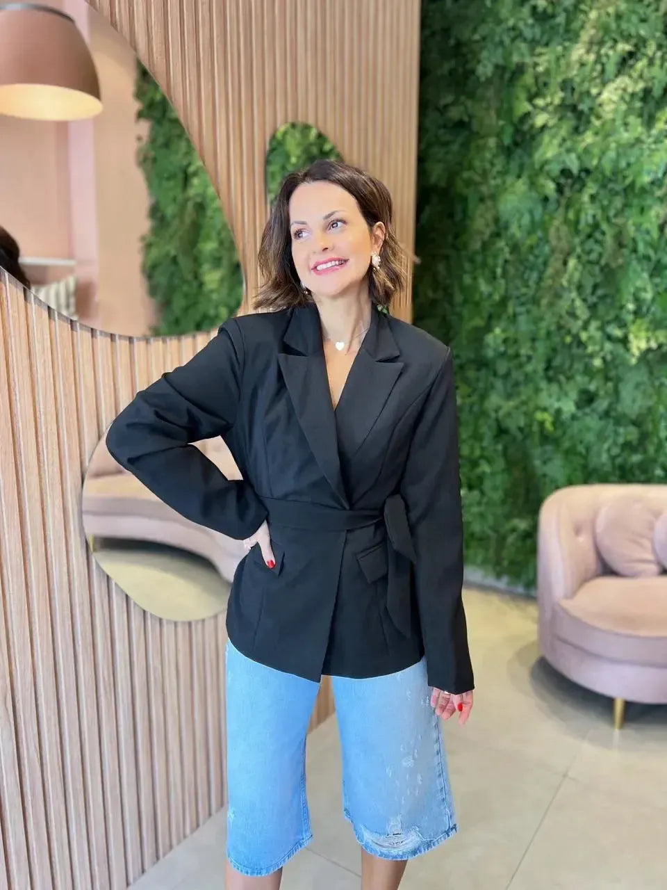 Blazer em Alfaiataria com Faixa, Preto