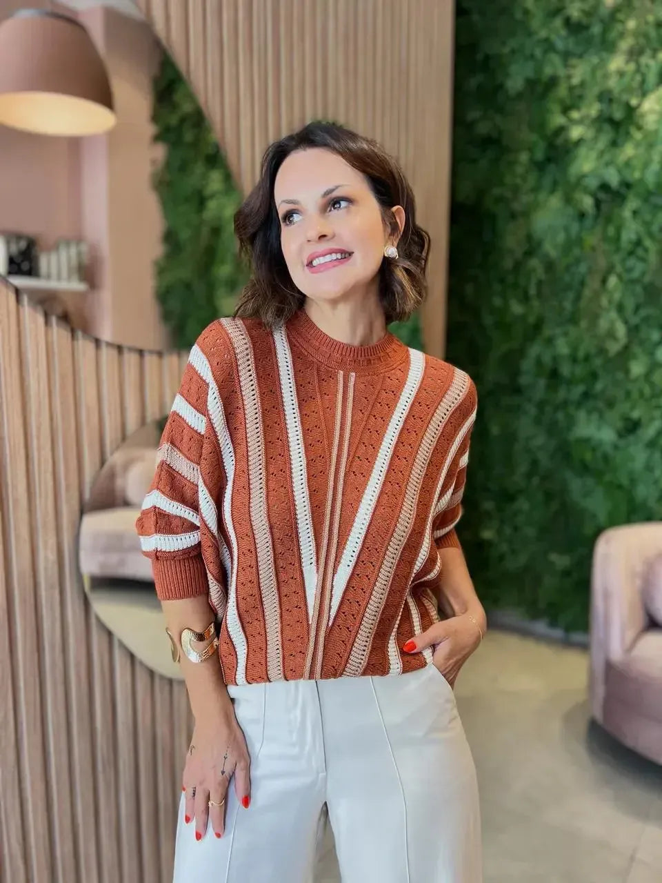 Blusa Ampla em Tricô com Detalhe Listrado, Terracota