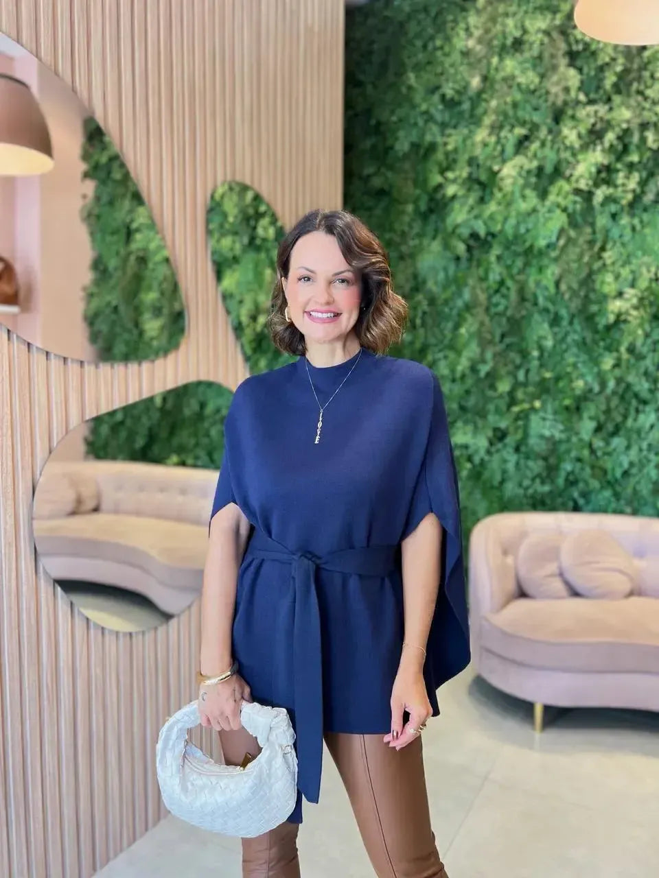 Blusa Capa em Tricô, Azul Marinho