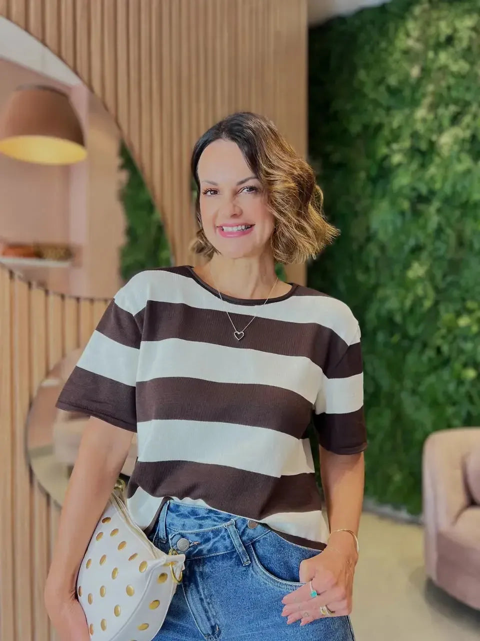 Blusa Listrada em Tricô, Marrom
