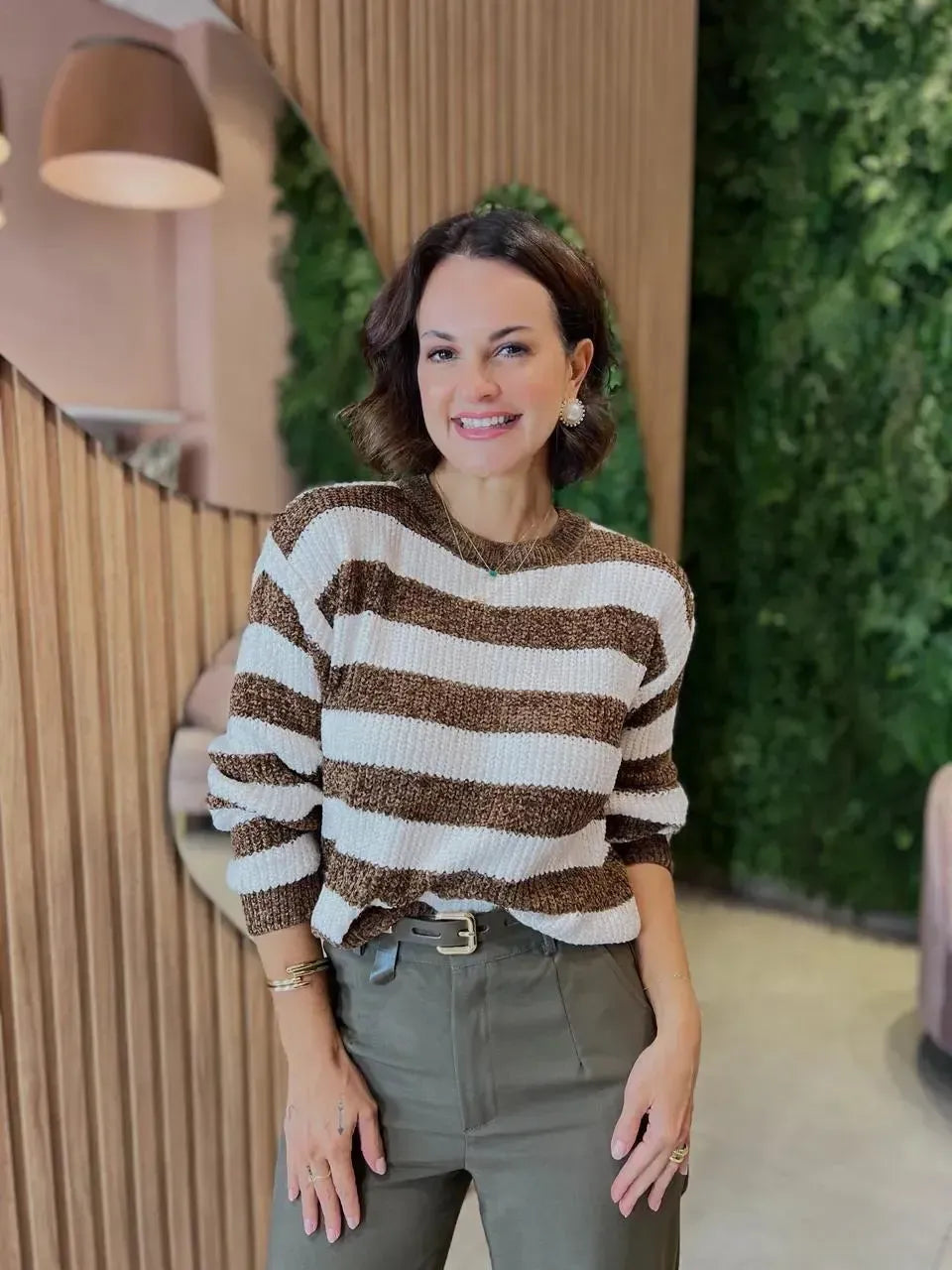 Blusa Listrada em Tricô Soft 1803, Marrom