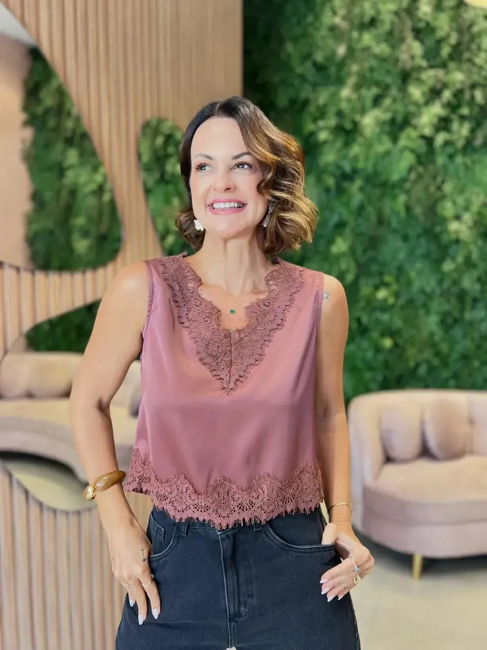 Blusa em Crepe com Detalhe Renda, Rosa Antigo