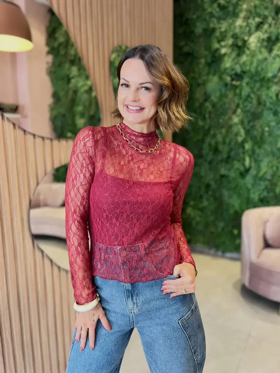 Blusa em Renda Manga Comprida, Marsala