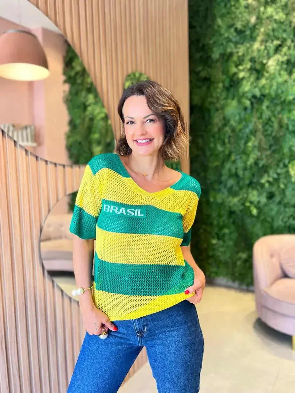 Blusa em Tricô Brasil com Escrito Lateral