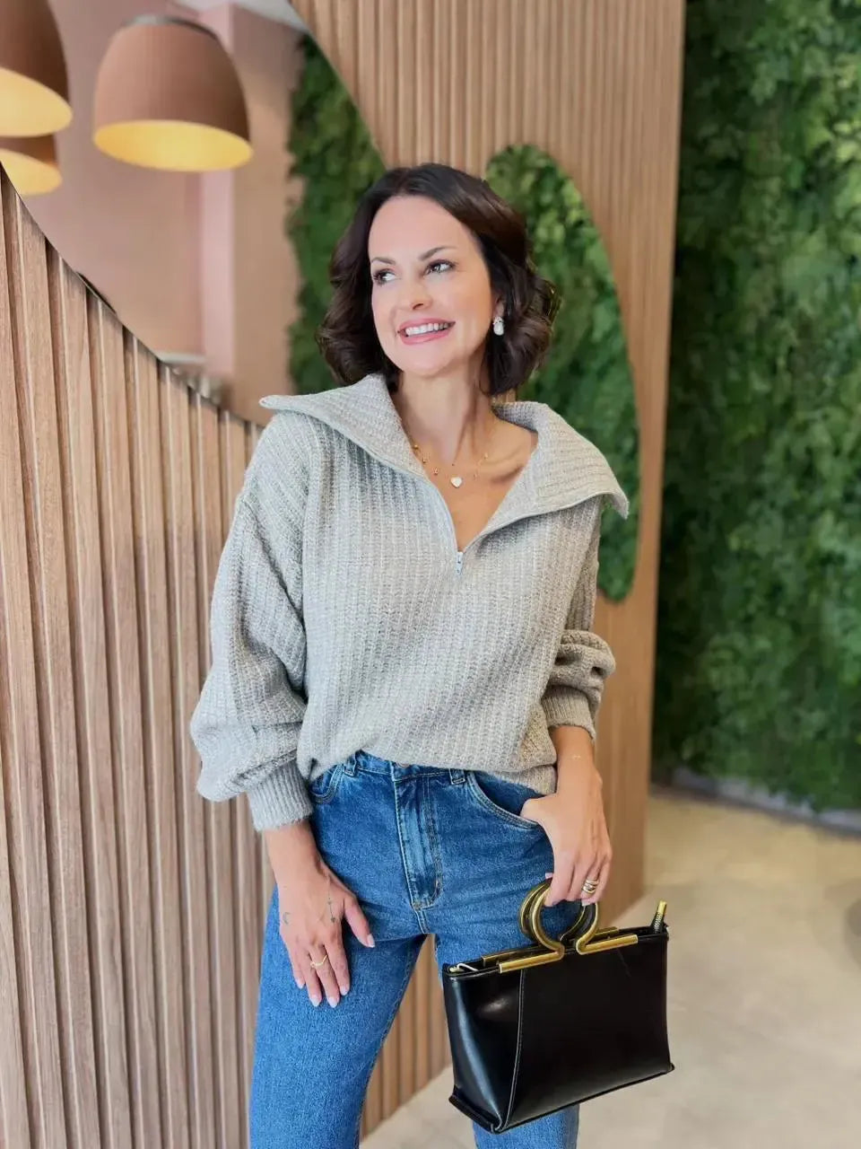Blusa em Tricô Gola com Ziper, Cinza