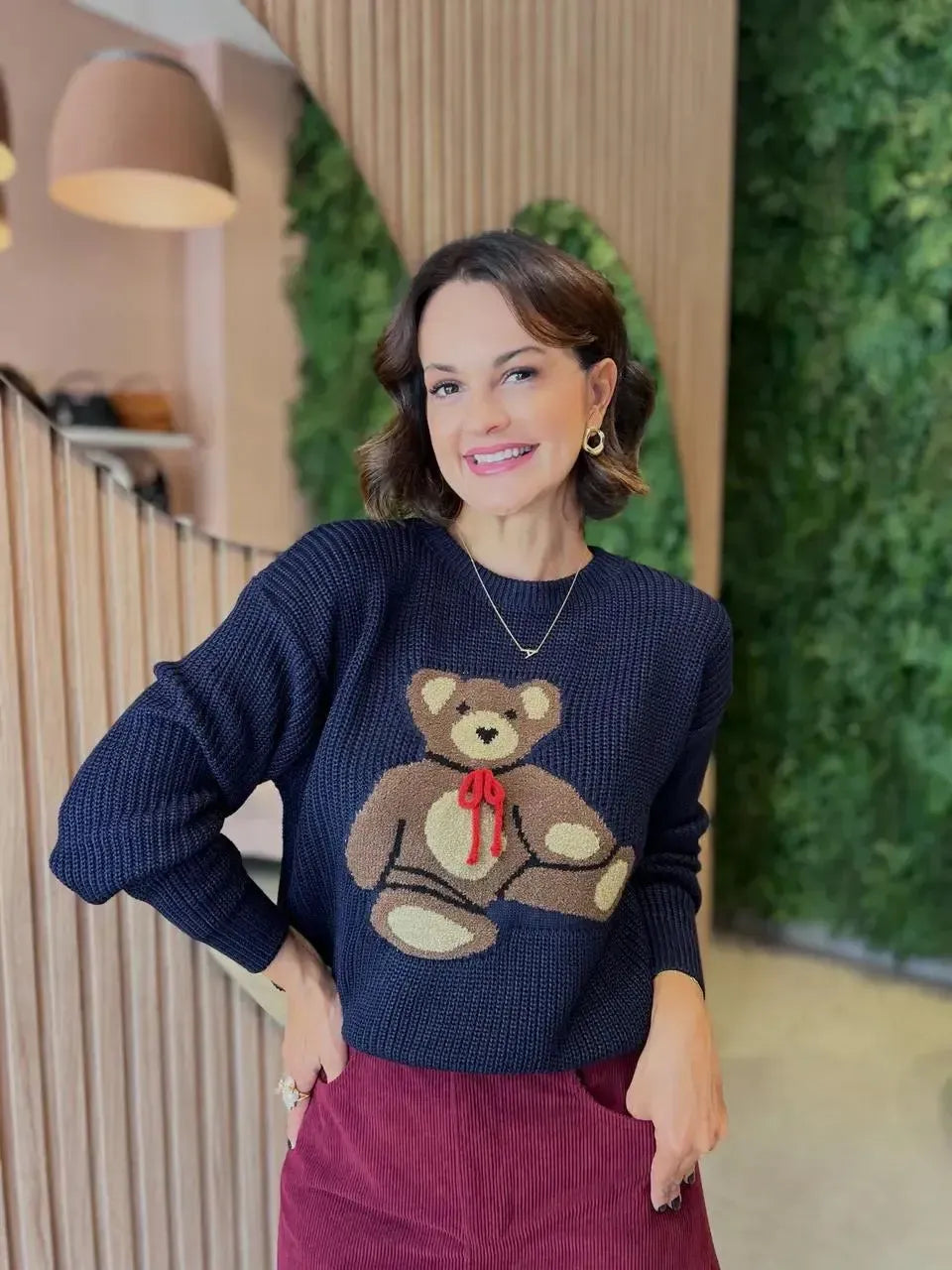 Blusa em Tricô Manga Longa Urso, Azul Marinho