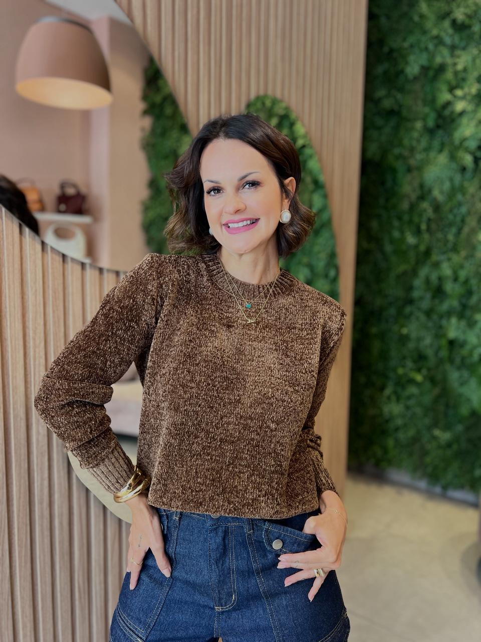 Blusa em Tricô Mousse, Marrom (Envios e retiradas a partir de 02/06)
