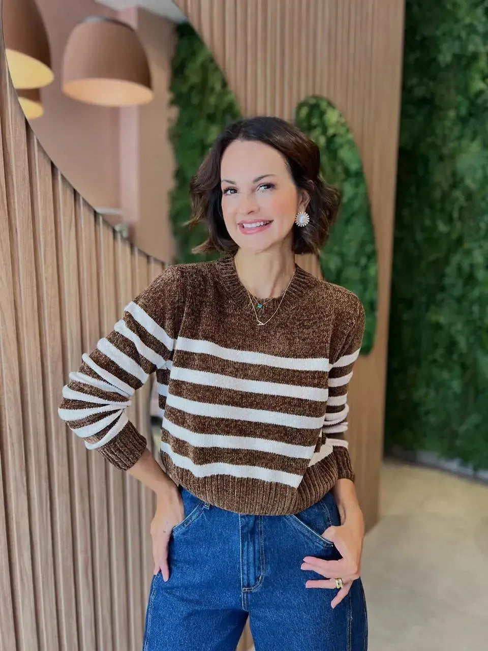 Blusa em Tricô Mousse Soft, Listrado Marrom