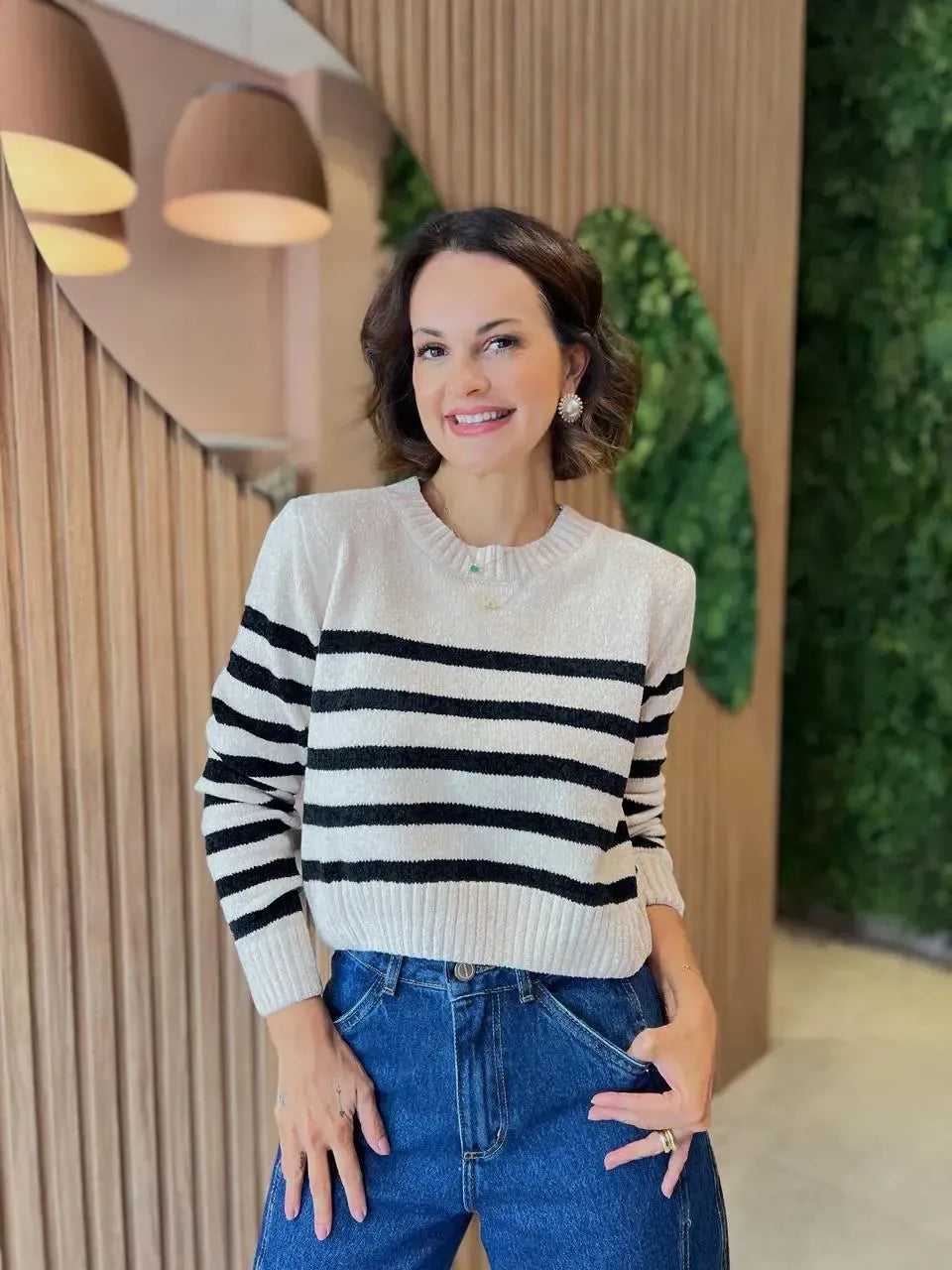 Blusa em Tricô Mousse Soft, Listrado Off White