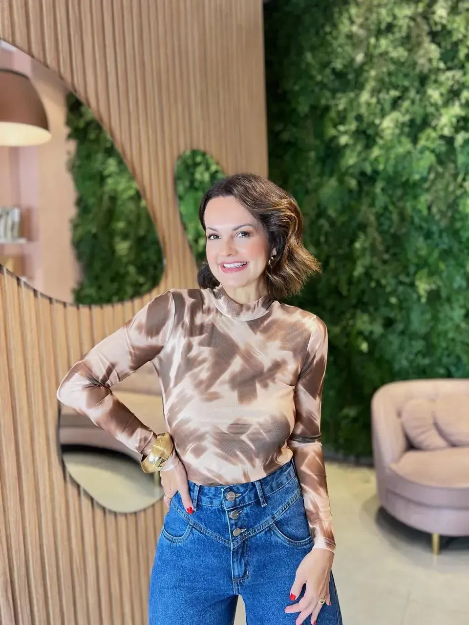 Blusa em Tule Manga Comprida, Bege