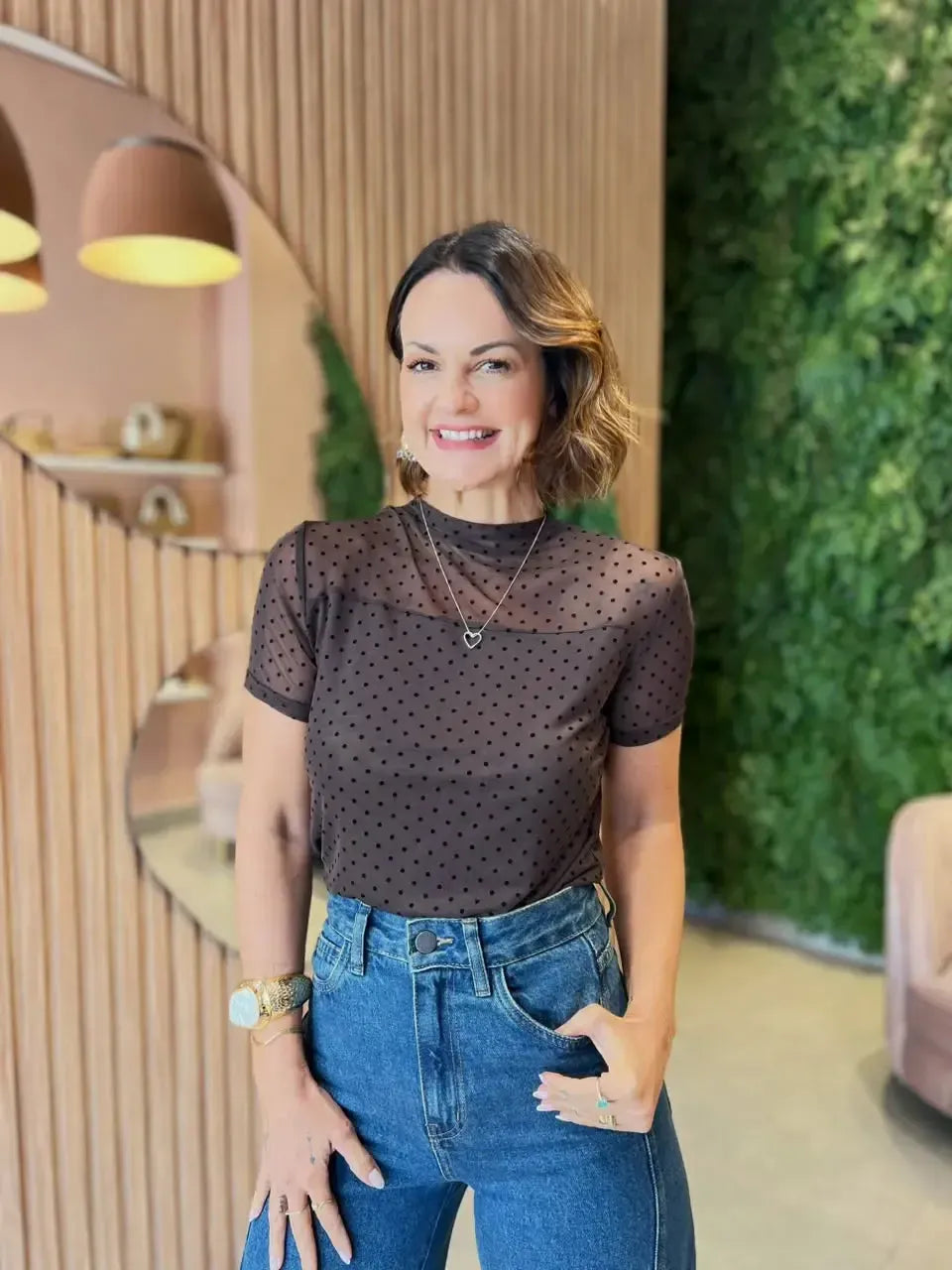 Blusa em Tule Poa Marrom